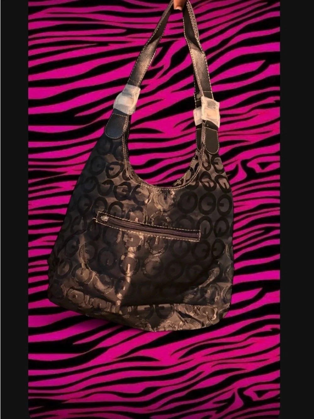 Black embroidered Studded Hobo Bag with Logo Accent
